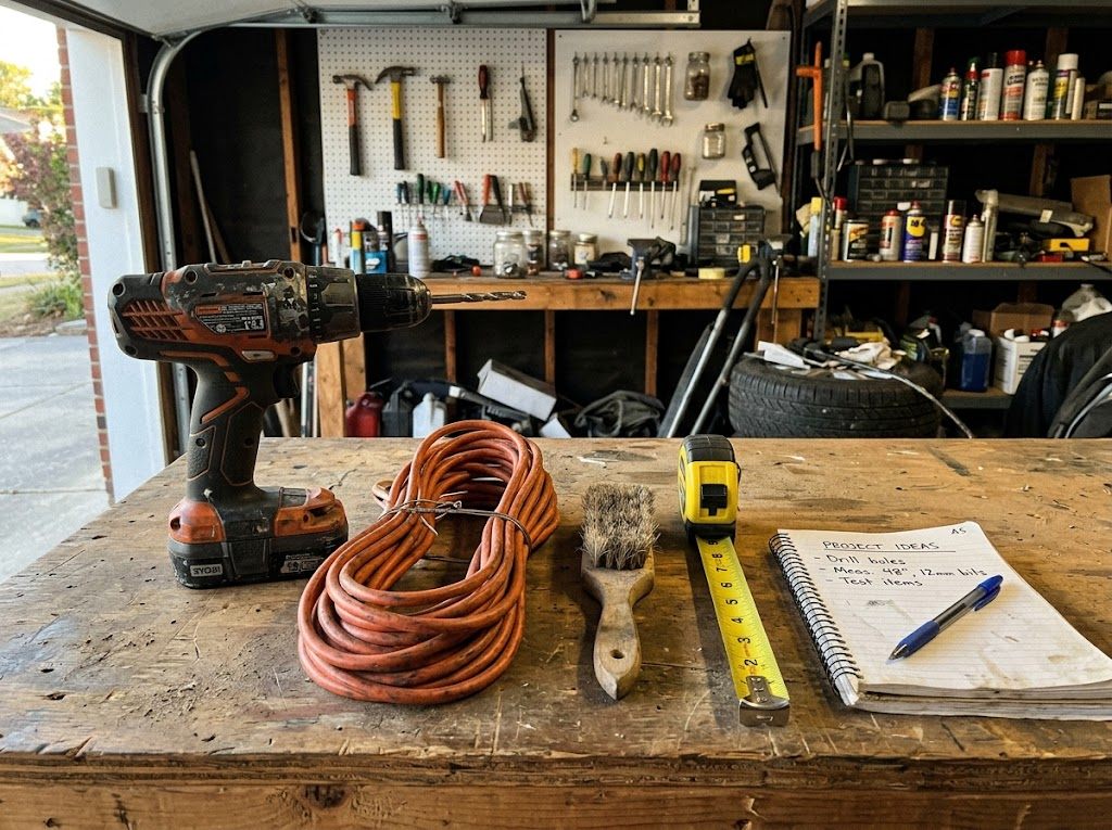 A backyard workshop with a wooden bench, a few clay pots, and tools arranged after a day of use