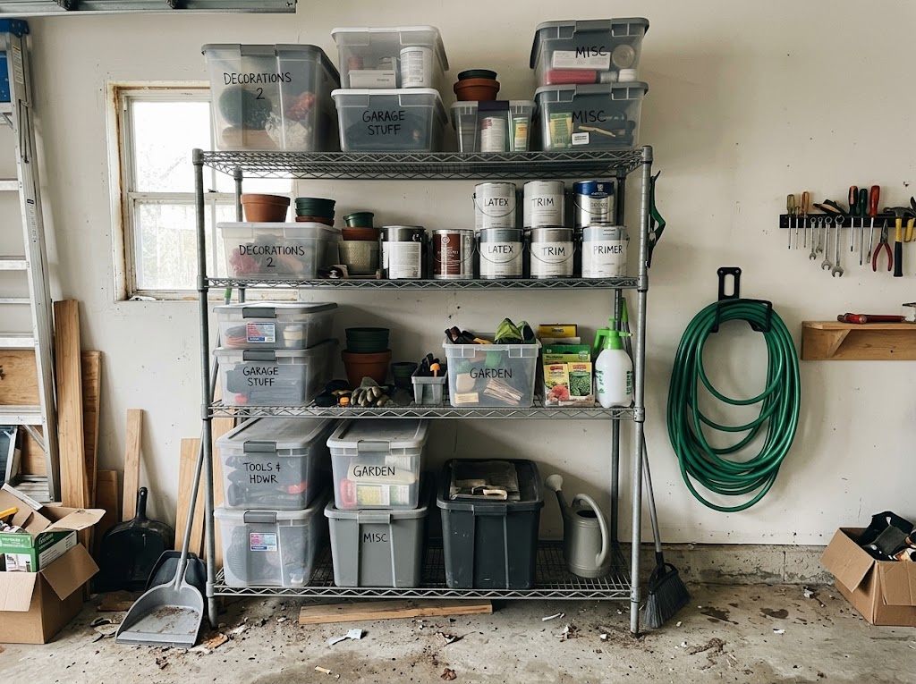 A neatly organized garage with shelving holding bins of tools and supplies