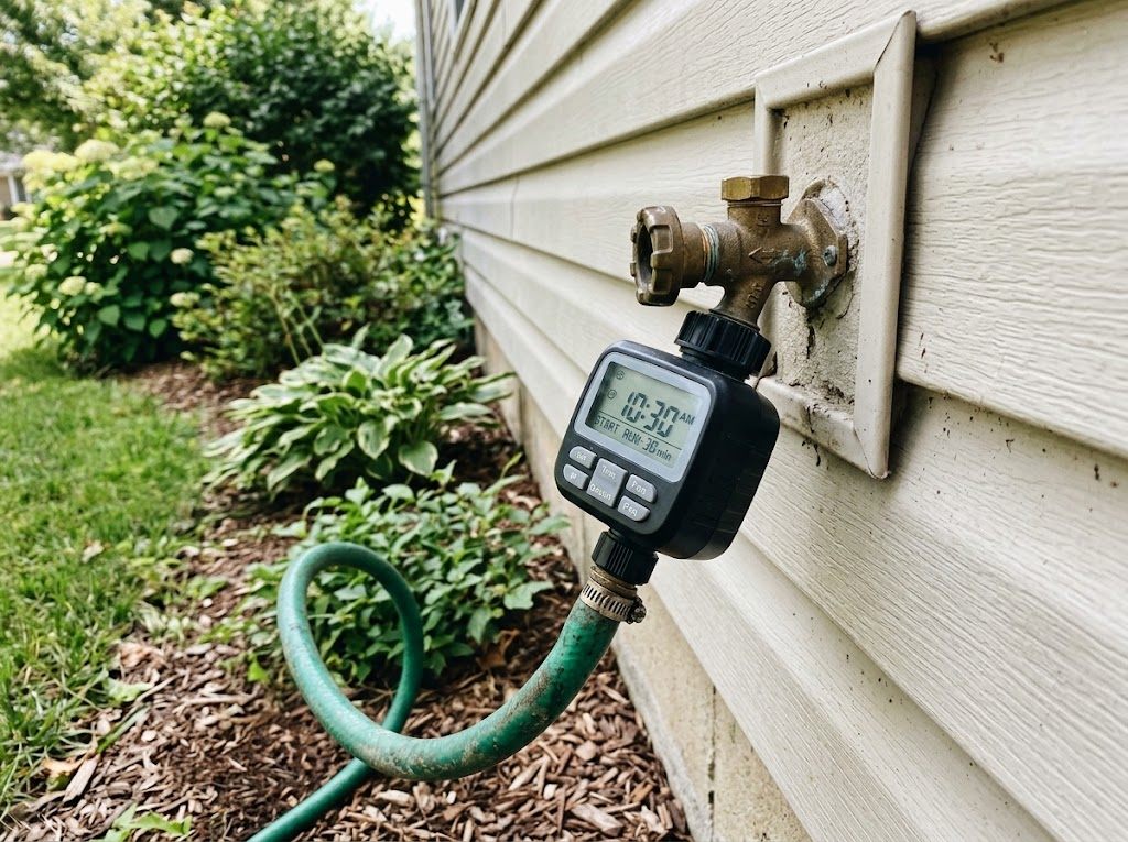 A small electronic watering timer attached to an outdoor faucet