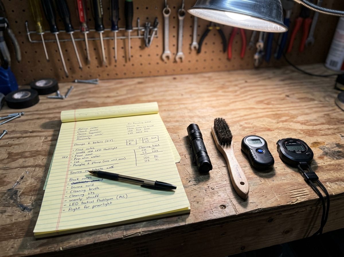 A notebook with handwritten test notes beside a stopwatch and tape measure