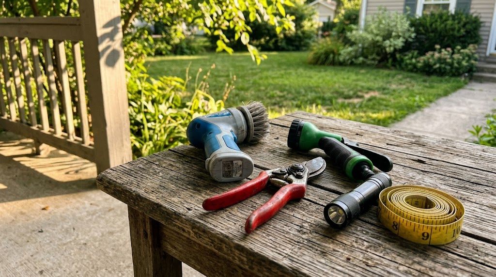 A workbench with a few well-used home and garden tools laid out beside a notebook and coffee mug